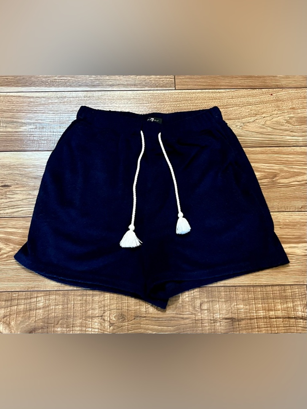 7 For All Mankind Navy French Terry Shorts with White Tassel Drawstring